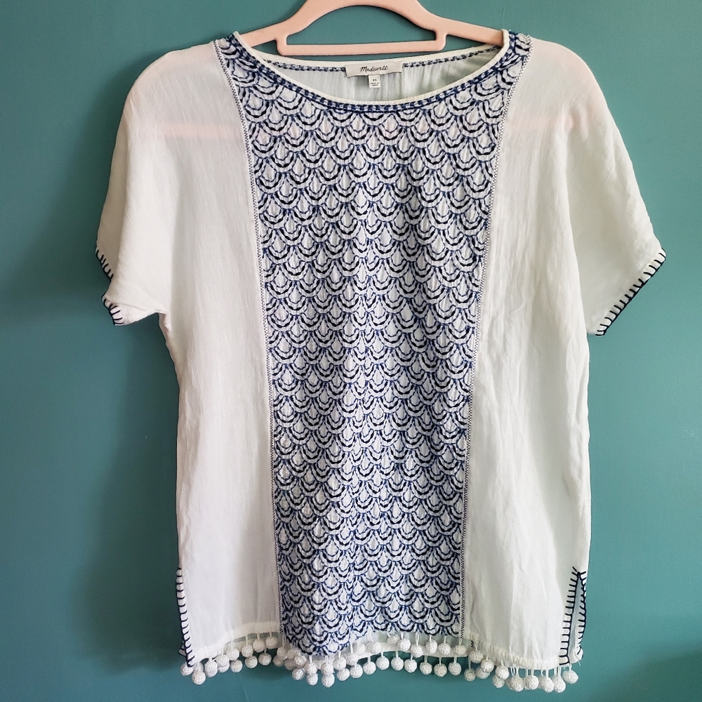 Madewell White Cotton Tunic with Blue Embroidered Front Panel and Pom-Pom Trim